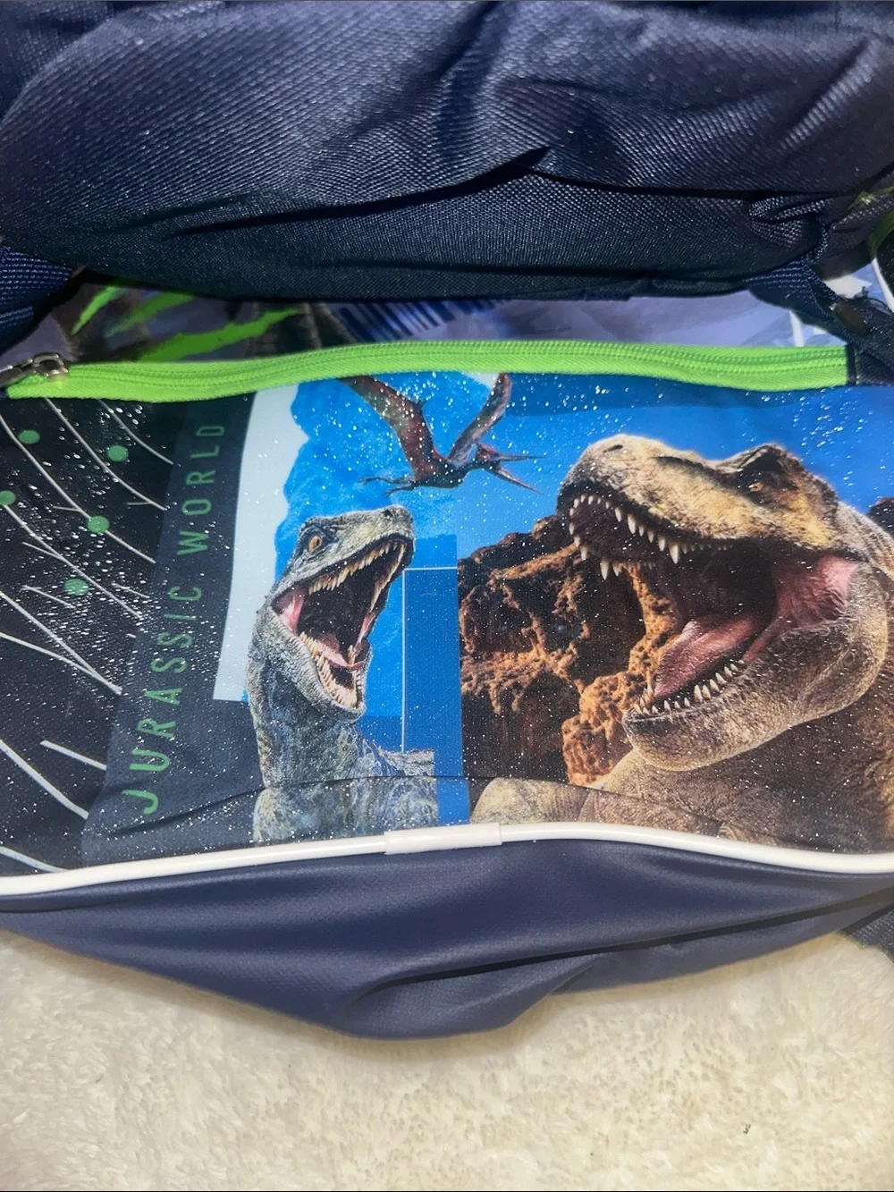Jurassic World Kids Dino Backpack - Navy & Lime Green. Detachable Lunch Kit